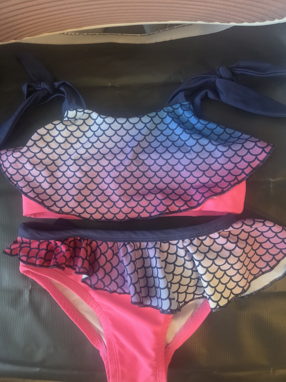Rebel Athletic Girls Mermaid Print Ruffle Bikini - Pink & Navy